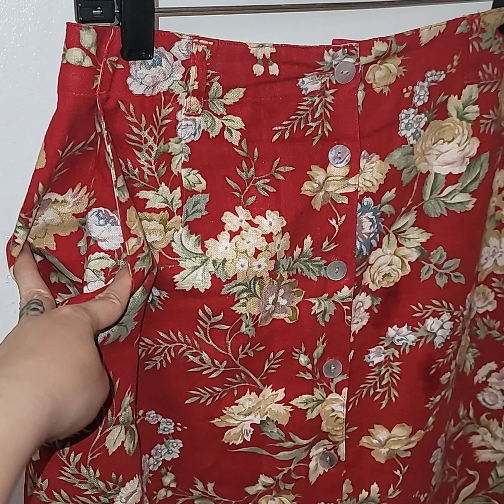 Linen Skirt Blaire 220 Hickory button down red floral print pockets